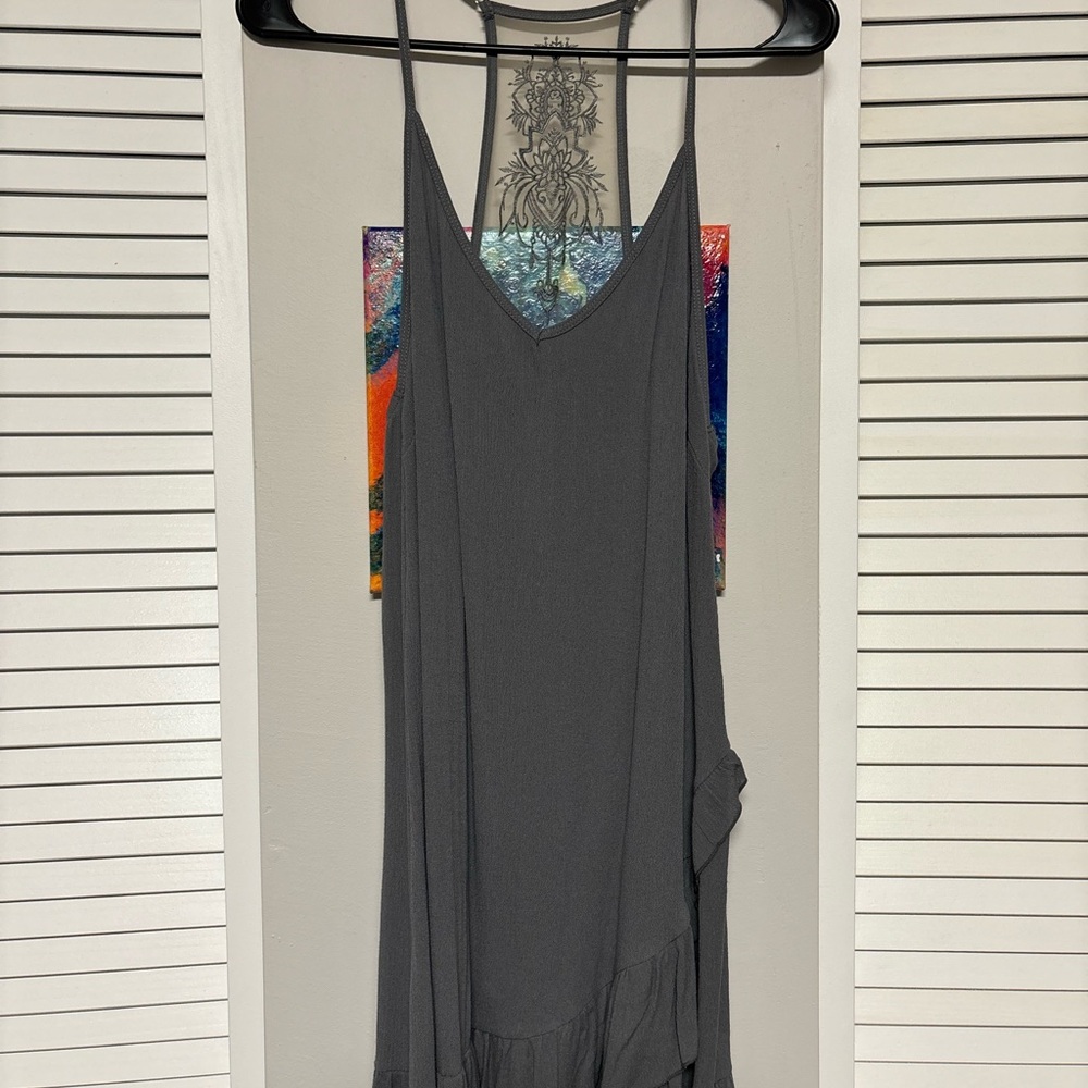 Gray Sleeveless Dress Tank with Ruffle Hem